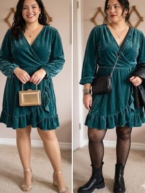 Gap June Bug deep teal Velvet LS Ruffle Wrap Dress XXL